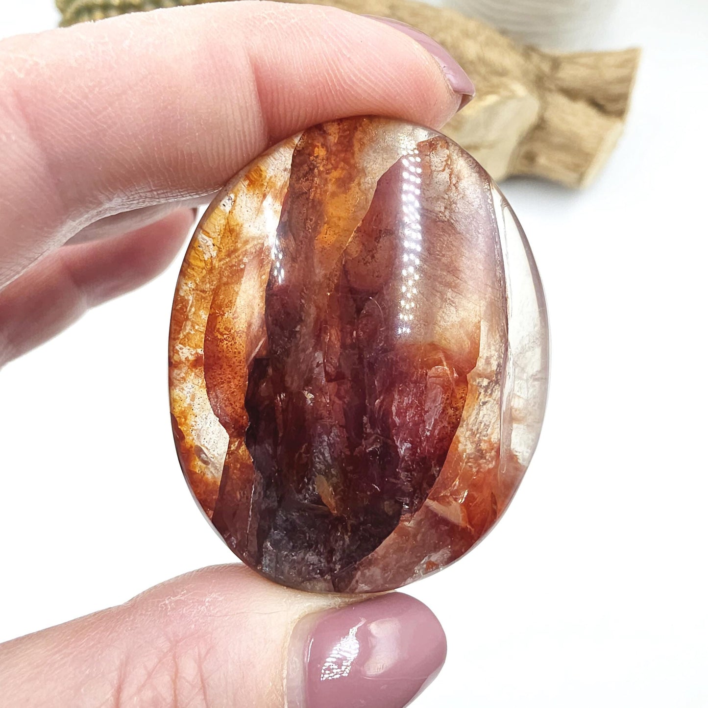 Fire Quartz (Hematoid) Palm Stone with rainbow flashes - Grounding & Vitality Crystal - 70g