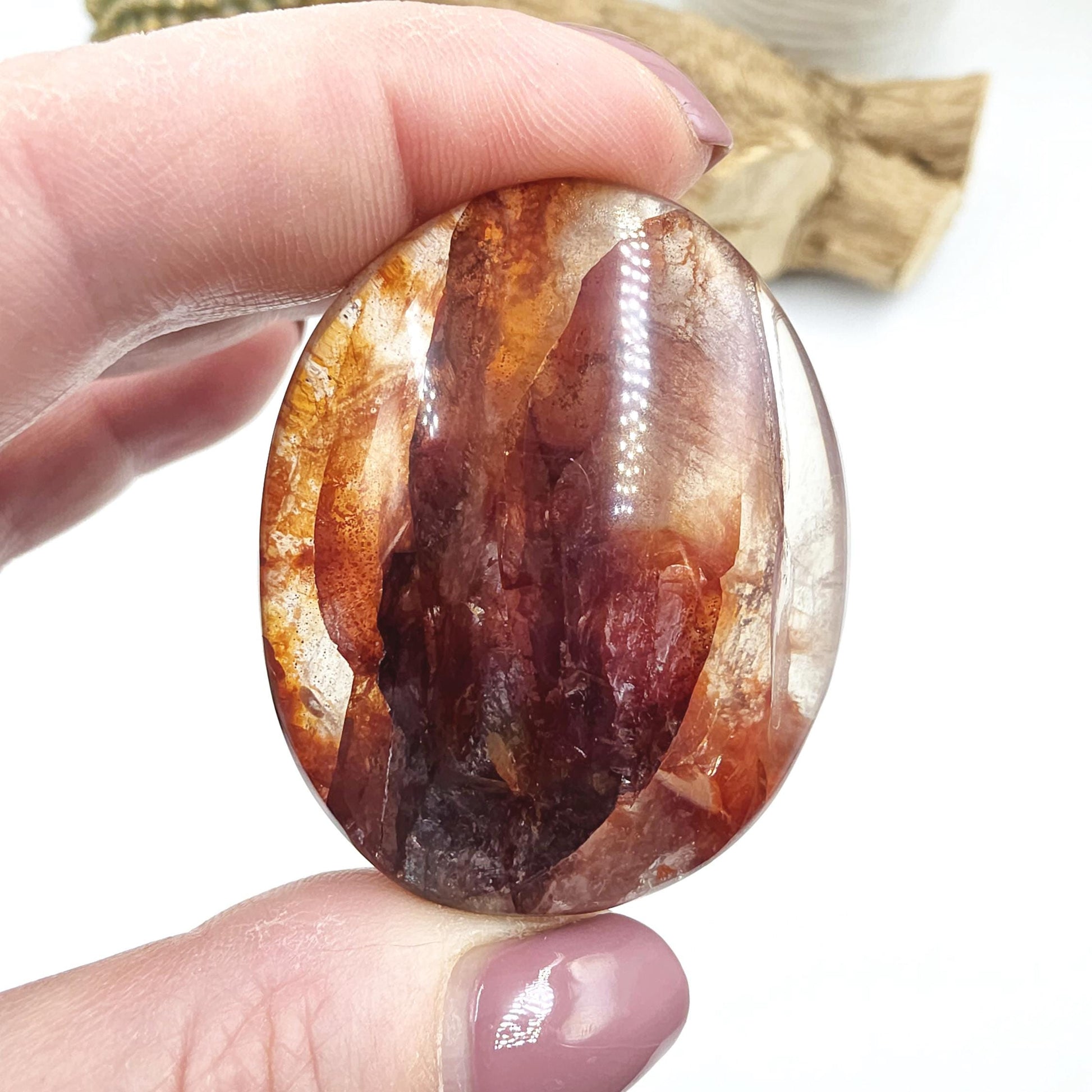 Fire Quartz (Hematoid) Palm Stone with rainbow flashes - Grounding & Vitality Crystal - 70g