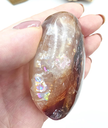 Sparkly Fire Quartz (Hematoid) Palm Stone with Rainbows – Confidence & Healing Crystal, 120g
