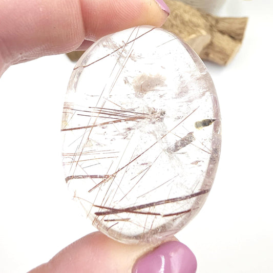 High Grade Clear Quartz Palm Stone with Red Rutile – Clarity, Confidence & Energy Amplification Crystal, 70g
