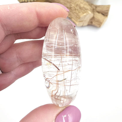 High Grade Clear Quartz Palm Stone with Red Rutile – Clarity, Confidence & Energy Amplification Crystal, 70g
