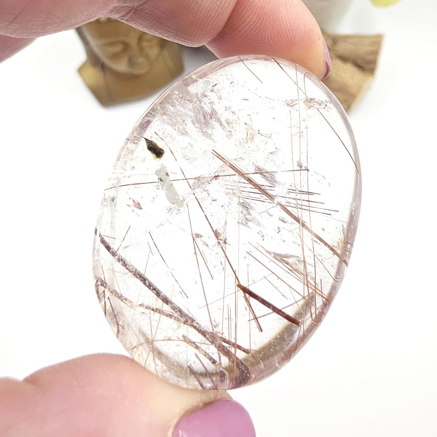 High Grade Clear Quartz Palm Stone with Red Rutile – Clarity, Confidence & Energy Amplification Crystal, 70g