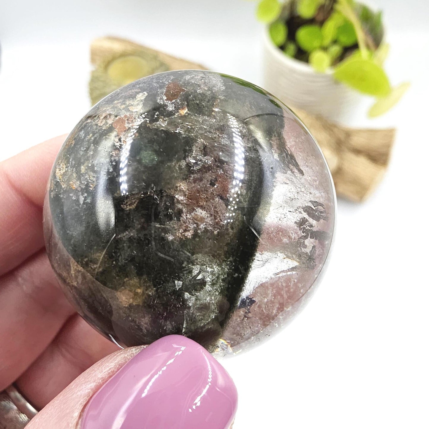 High Grade Garden Quartz (Lodolite) Sphere with rainbow– Manifestation and Earth Wisdom Crystal, 44mm