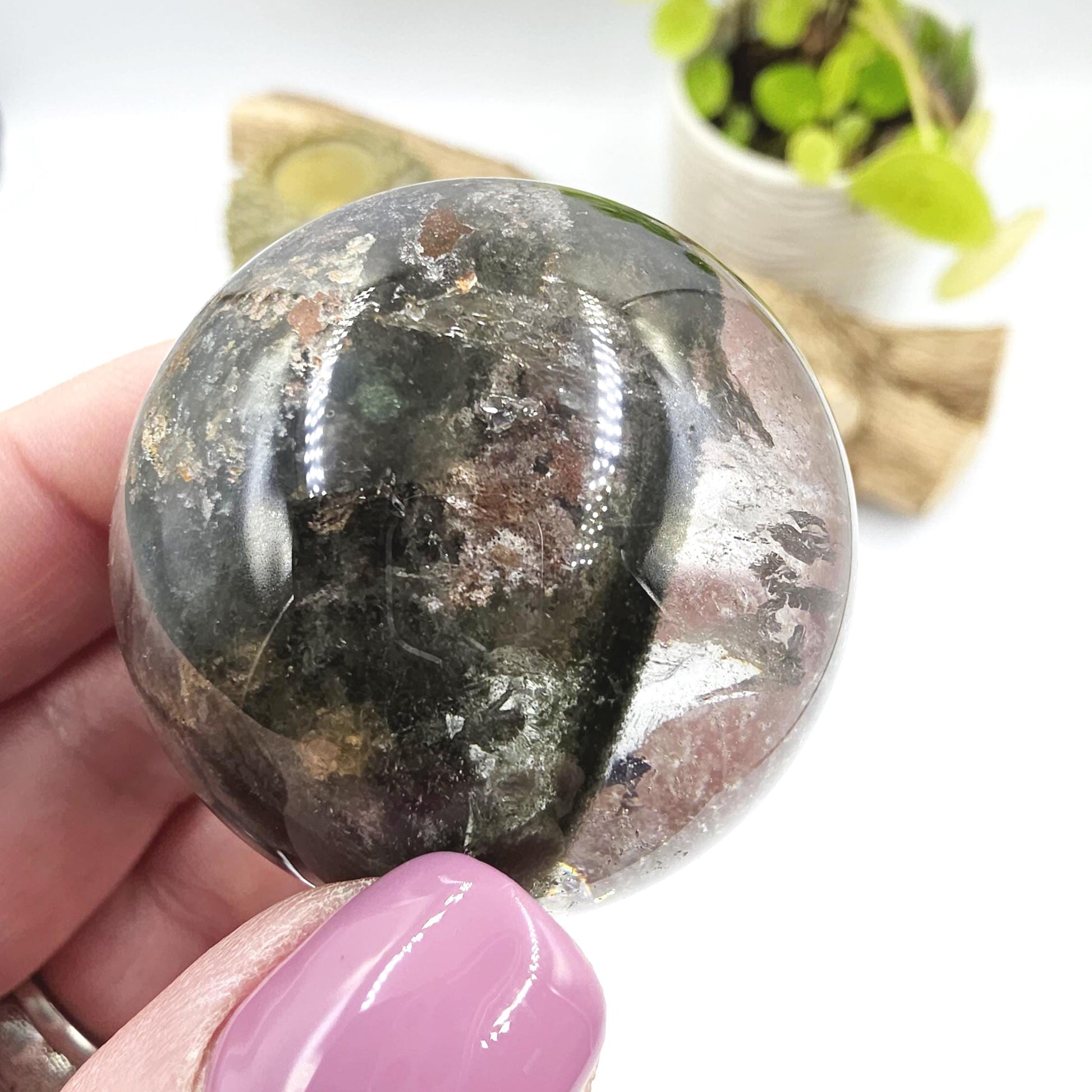 High Grade Garden Quartz (Lodolite) Sphere with rainbow– Manifestation and Earth Wisdom Crystal, 44mm