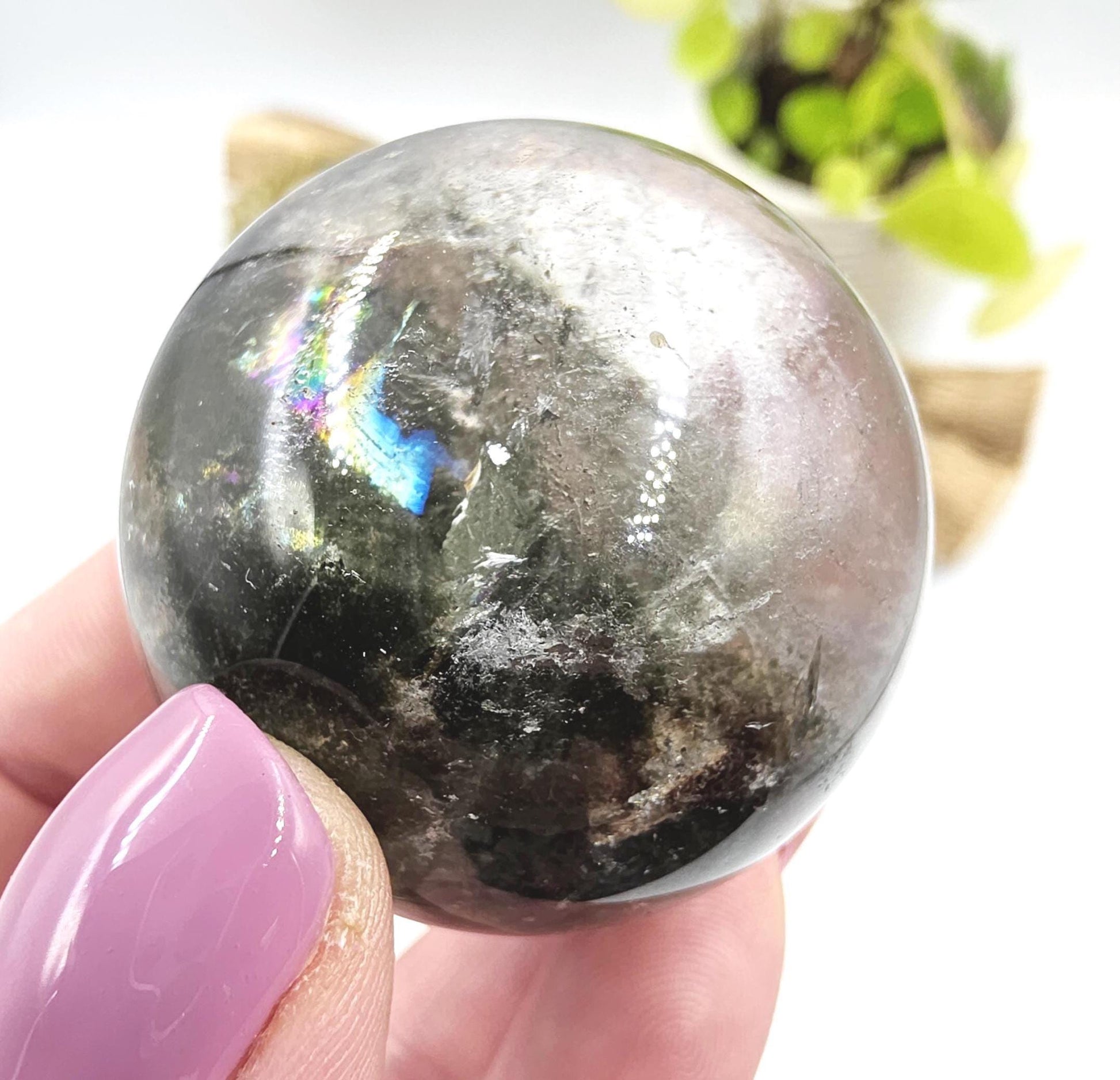 High Grade Garden Quartz (Lodolite) Sphere with rainbow– Manifestation and Earth Wisdom Crystal, 44mm