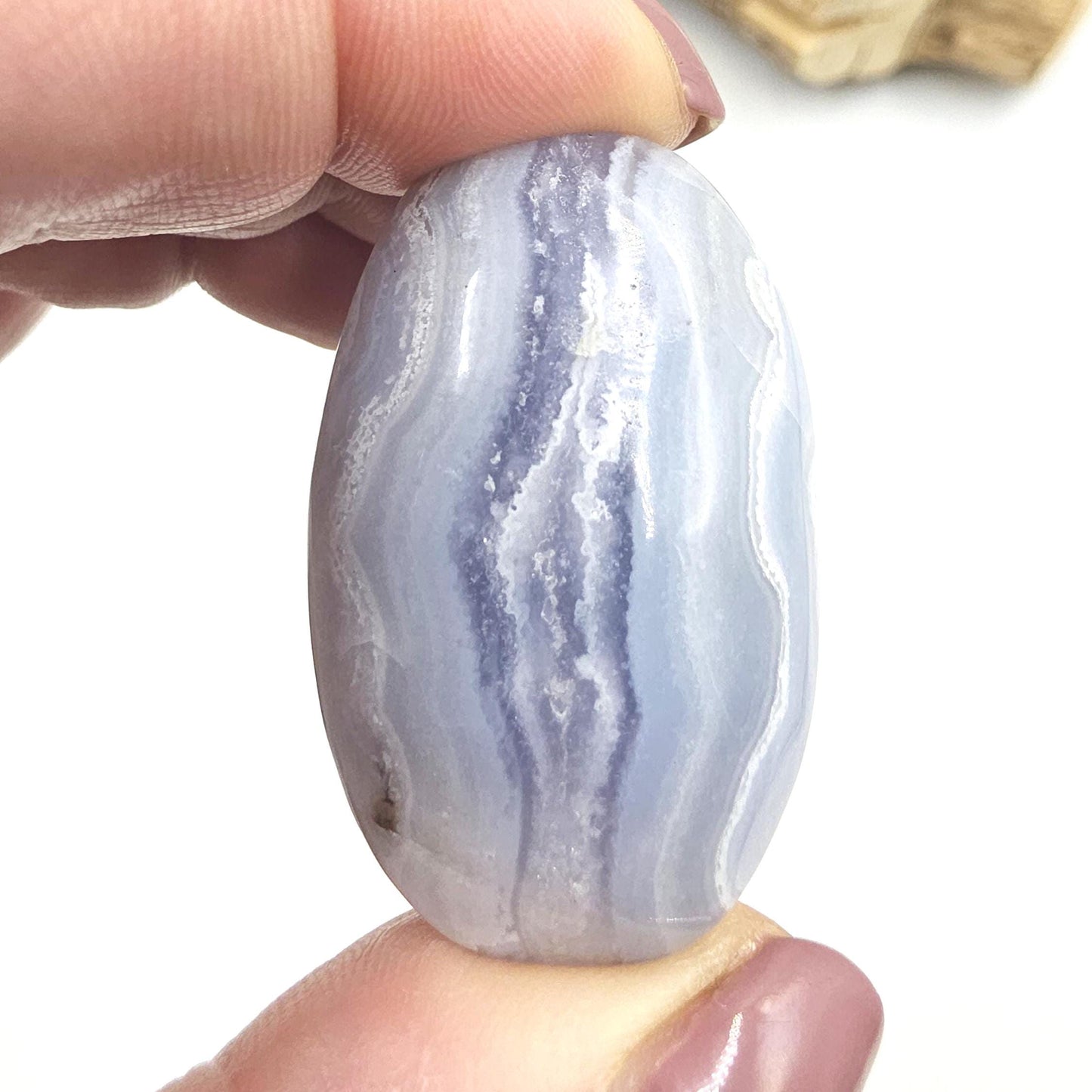 Little Blue Lace Agate Palm Stone – Calm, Communication & Throat Chakra Crystal, 25g