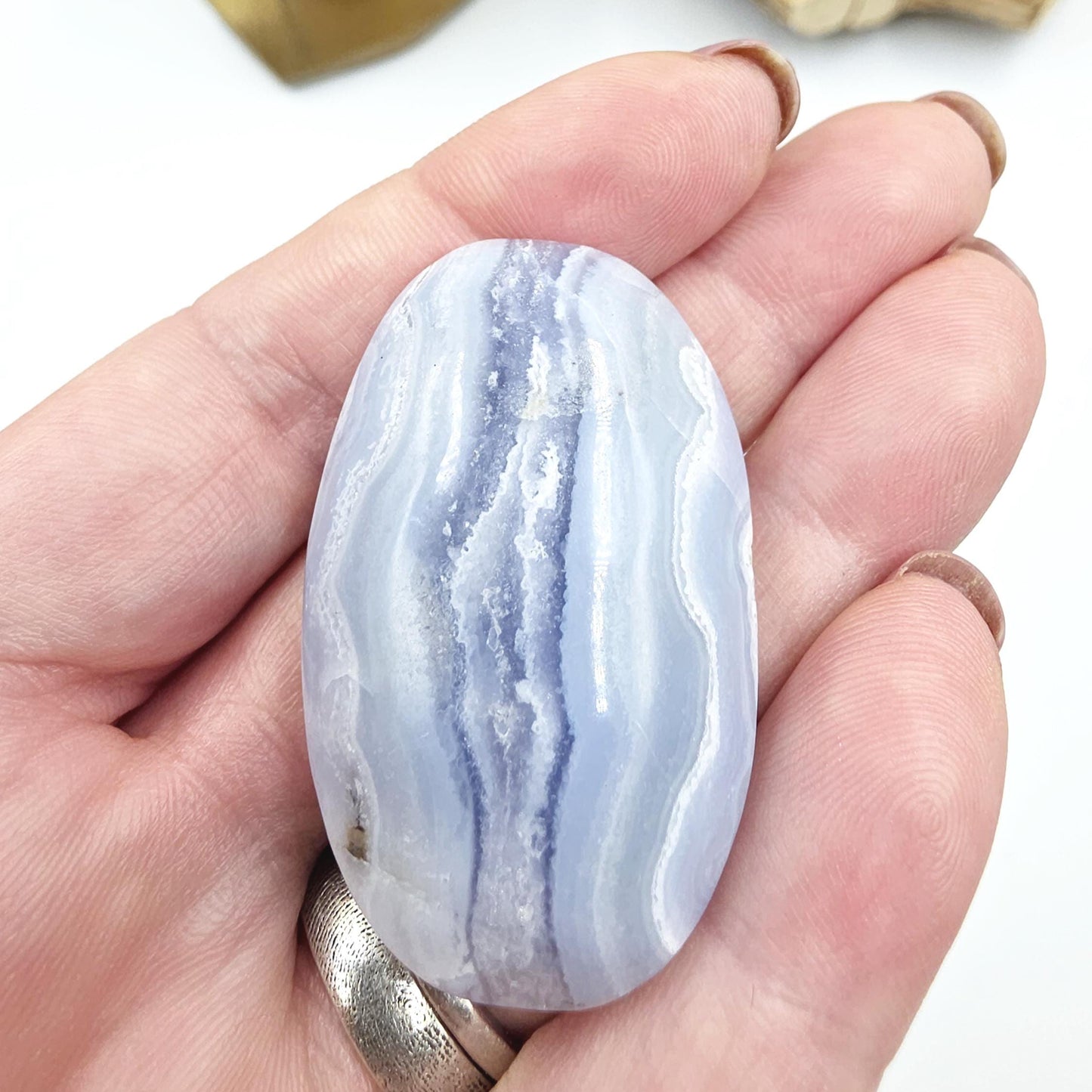 Little Blue Lace Agate Palm Stone – Calm, Communication & Throat Chakra Crystal, 25g