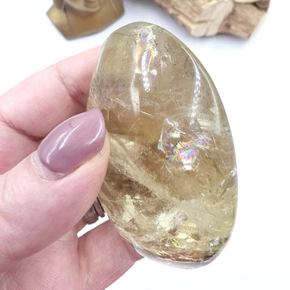 Large Citrine Palm Stone with Rainbows – Abundance, Confidence & Solar Plexus Energy Crystal, 145g