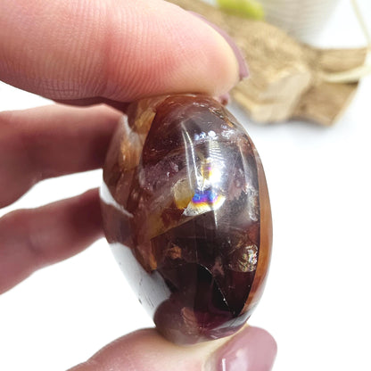 Fire Quartz (Hematoid) Palm Stone with strong rainbows – Confidence & Grounding Crystal, 100g