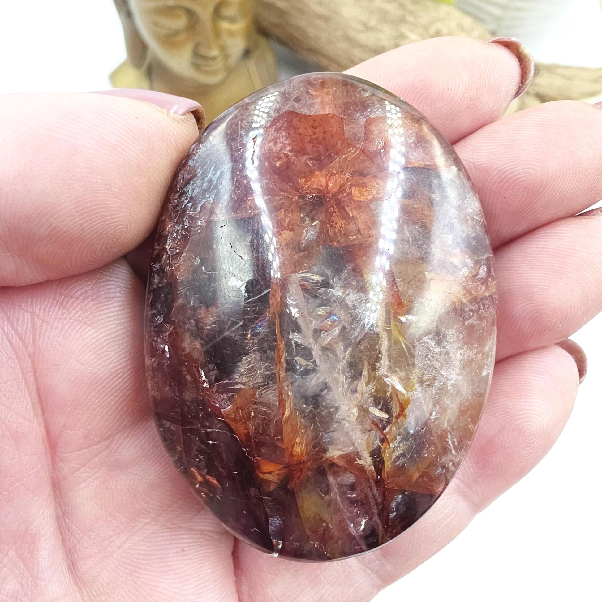 Fire Quartz (Hematoid) Palm Stone with strong rainbows – Confidence & Grounding Crystal, 100g