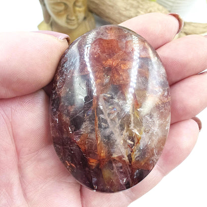 Fire Quartz (Hematoid) Palm Stone with strong rainbows – Confidence & Grounding Crystal, 100g