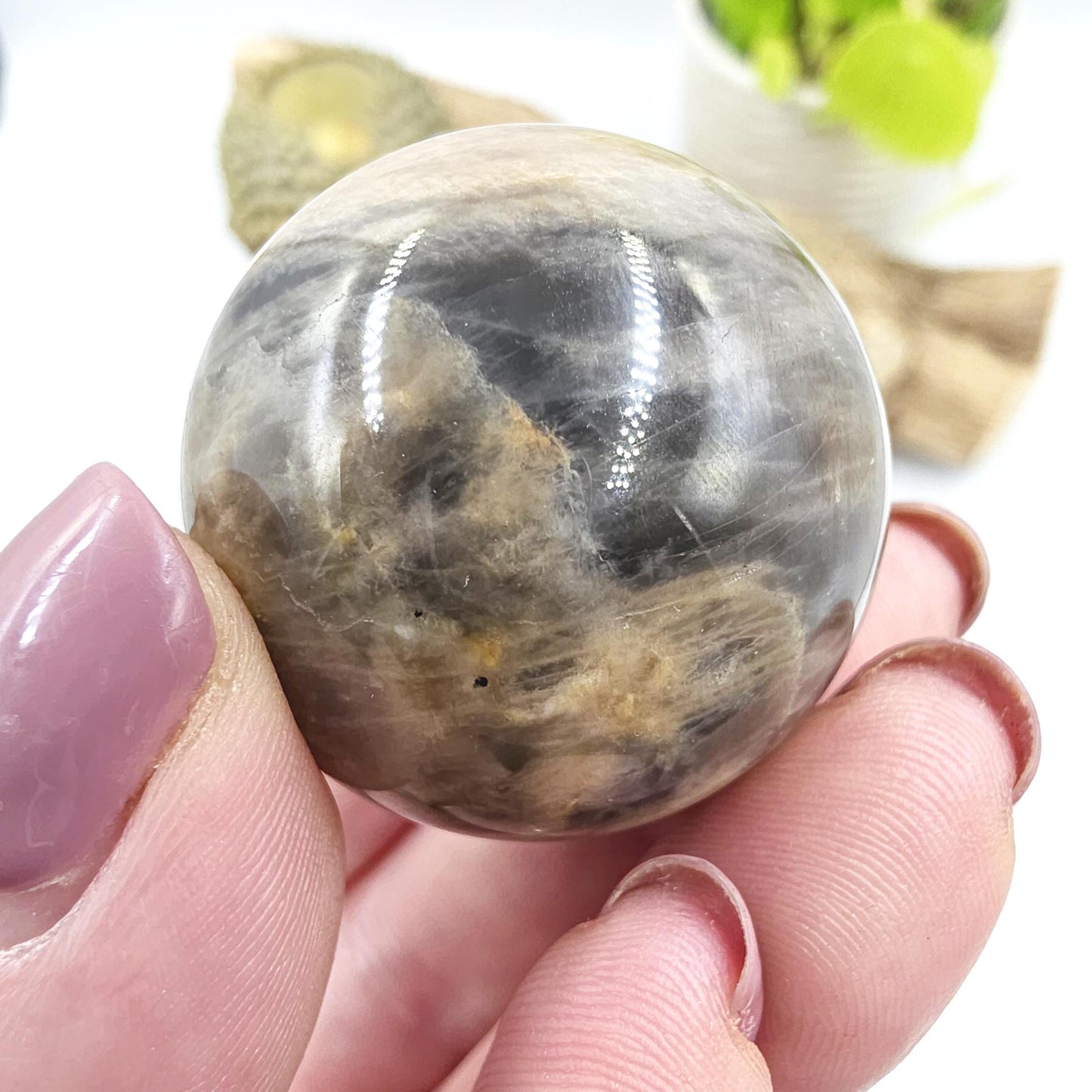 Black Moonstone & Sunstone Sphere – Protection, Joy and Root and Sacral Chakra Crystal, 36mm