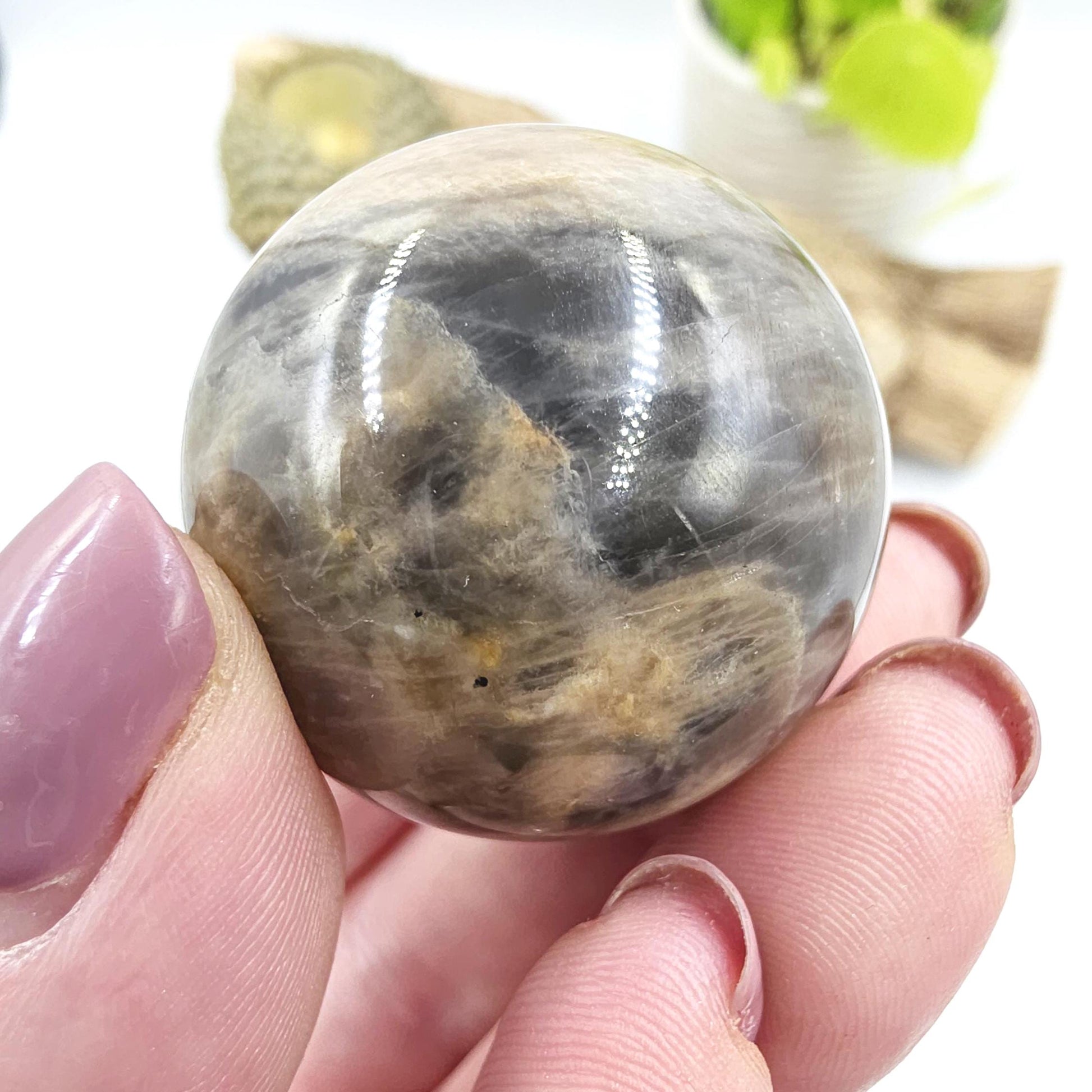 Black Moonstone & Sunstone Sphere – Protection, Joy and Root and Sacral Chakra Crystal, 36mm