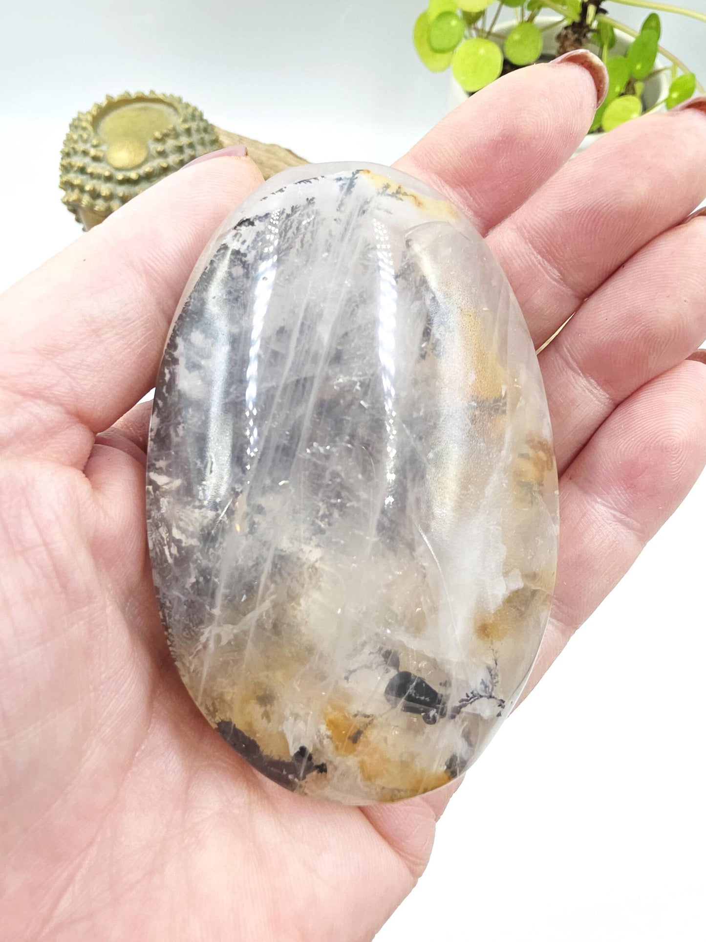 Rare Large Dendritic Quartz Palm Stone with Golden Healer Inclusions – Healing & Spiritual Growth Crystal, 195g
