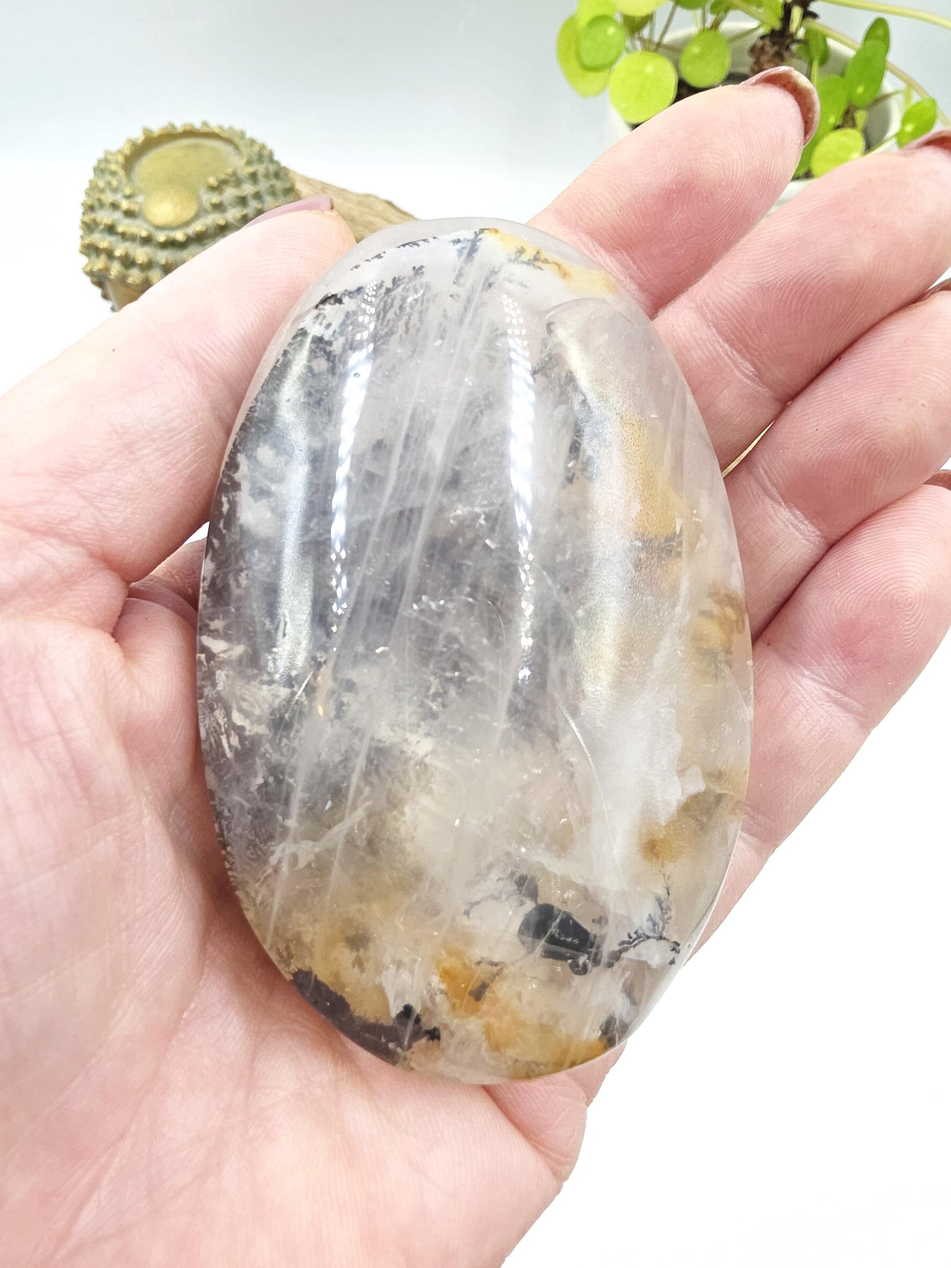 Rare Large Dendritic Quartz Palm Stone with Golden Healer Inclusions – Healing & Spiritual Growth Crystal, 195g
