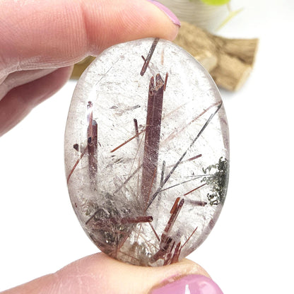 Clear Quartz Palm Stone with Red Rutile & Green Garden Inclusions – Manifestation, Protection and Energy Amplification Crystal, 50g