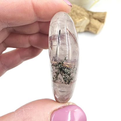 Clear Quartz Palm Stone with Red Rutile & Green Garden Inclusions – Manifestation, Protection and Energy Amplification Crystal, 50g