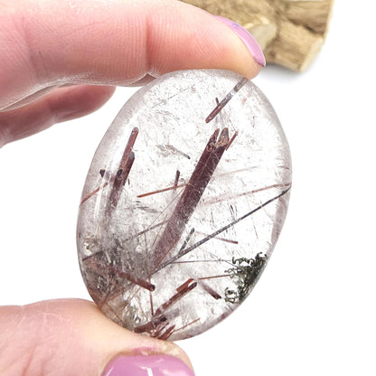 Clear Quartz Palm Stone with Red Rutile & Green Garden Inclusions – Manifestation, Protection and Energy Amplification Crystal, 50g