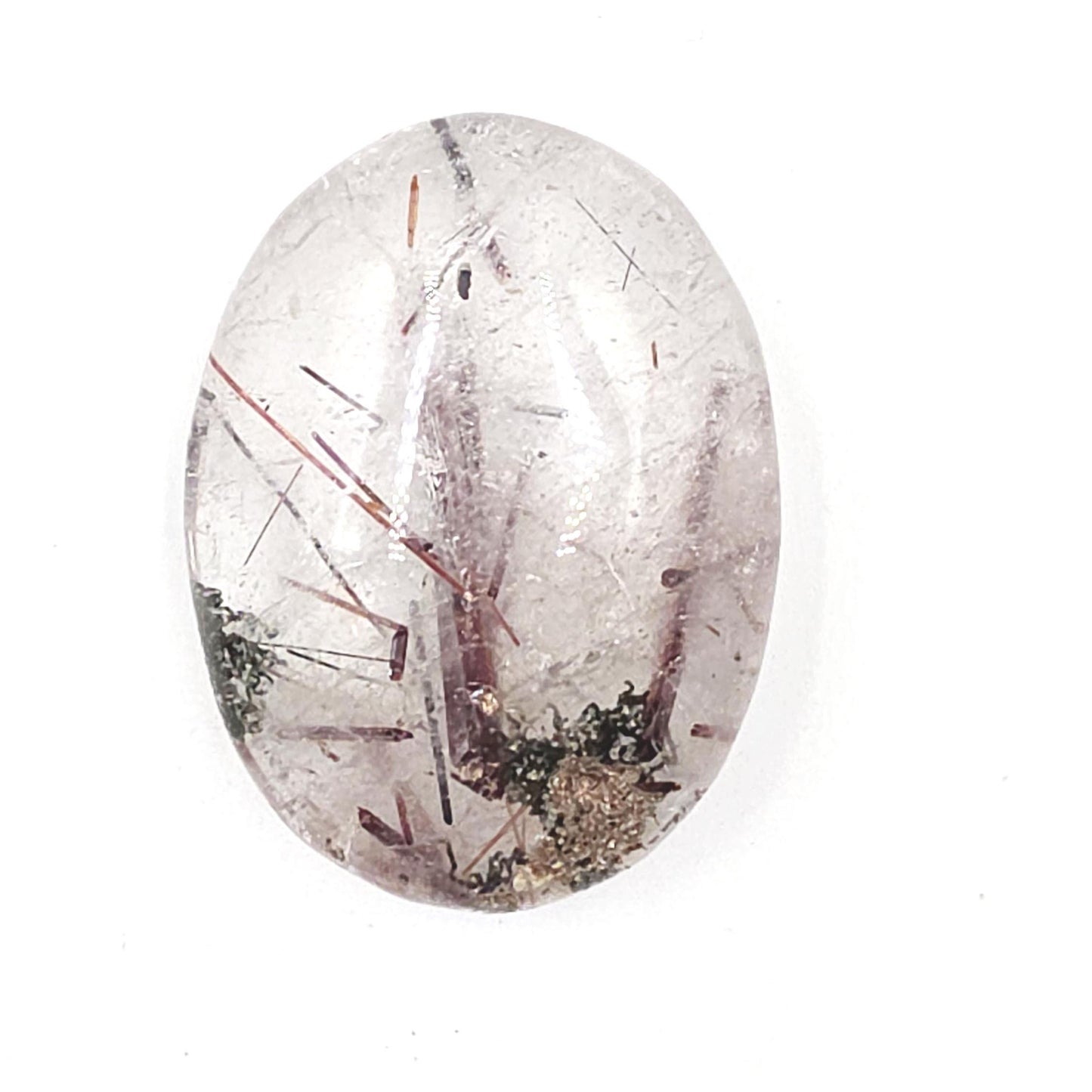 Clear Quartz Palm Stone with Red Rutile & Green Garden Inclusions – Manifestation, Protection and Energy Amplification Crystal, 50g
