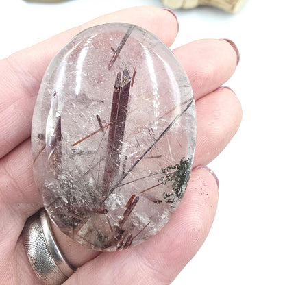 Clear Quartz Palm Stone with Red Rutile & Green Garden Inclusions – Manifestation, Protection and Energy Amplification Crystal, 50g