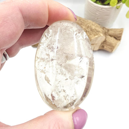 Manifestation Clear Quartz Palm Stone with Internal Crystal Growth & Rainbows – Healing and Manifestation Crystal, 100g