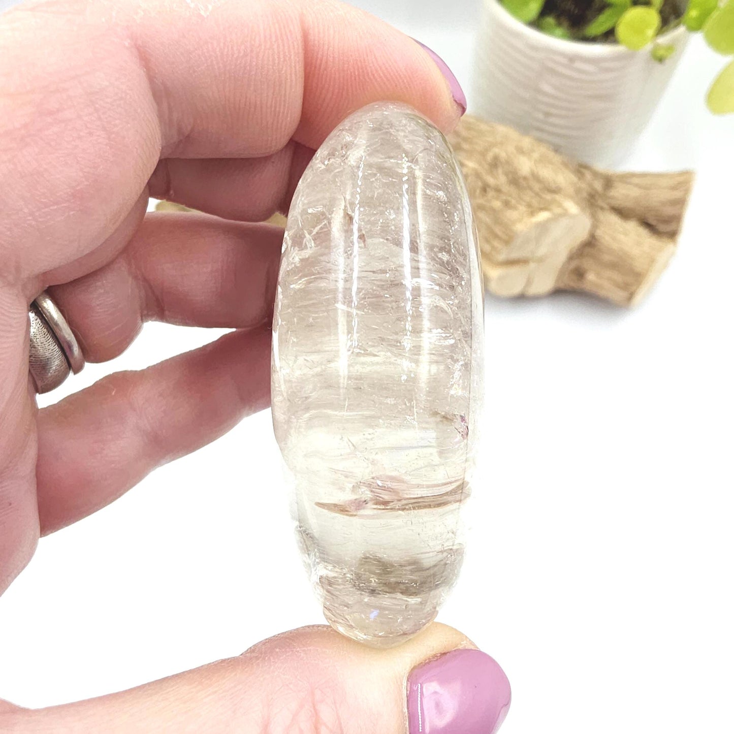 Manifestation Clear Quartz Palm Stone with Internal Crystal Growth & Rainbows – Healing and Manifestation Crystal, 100g
