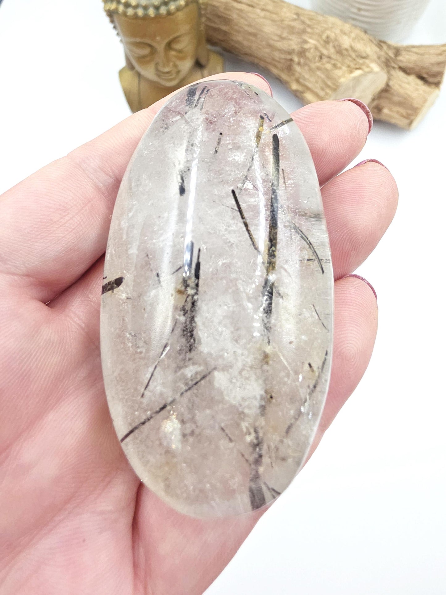 High Grade Black Rutile Quartz Palm Stone – Protection, Clarity & Energy Amplification Crystal, 100g