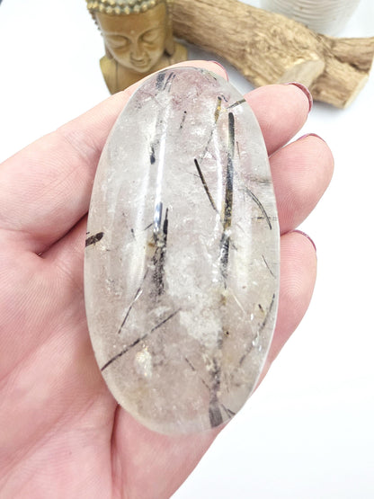 High Grade Black Rutile Quartz Palm Stone – Protection, Clarity & Energy Amplification Crystal, 100g