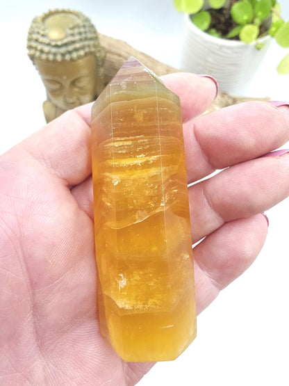 Yellow and Green Fluorite Tower (Jackfruit Fluorite) – Clarity, Positivity & Harmony Crystal Point, 7.5cm
