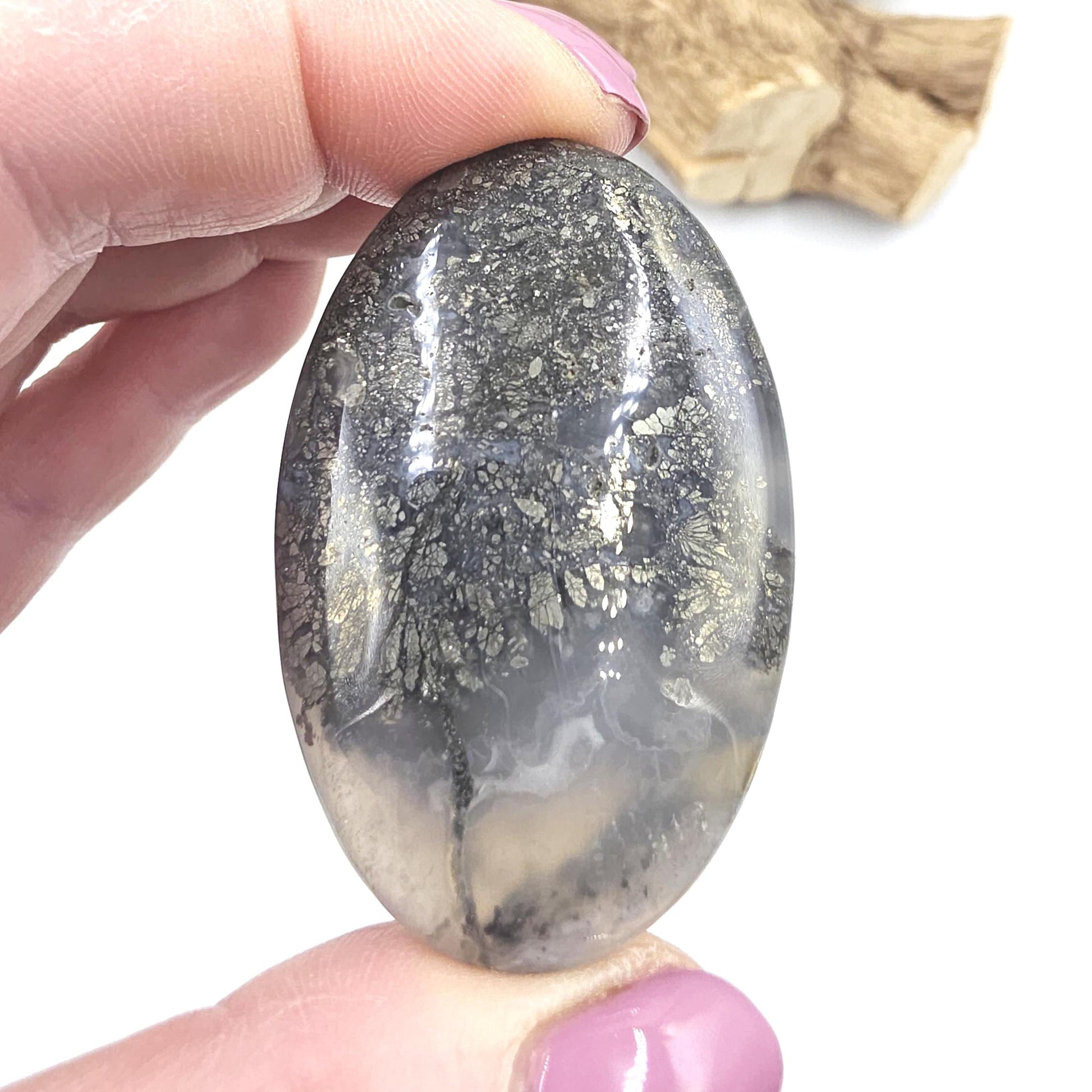 Pyrite & Agate Palm Stone – Protection, Confidence and Abundance Crystal, 40g