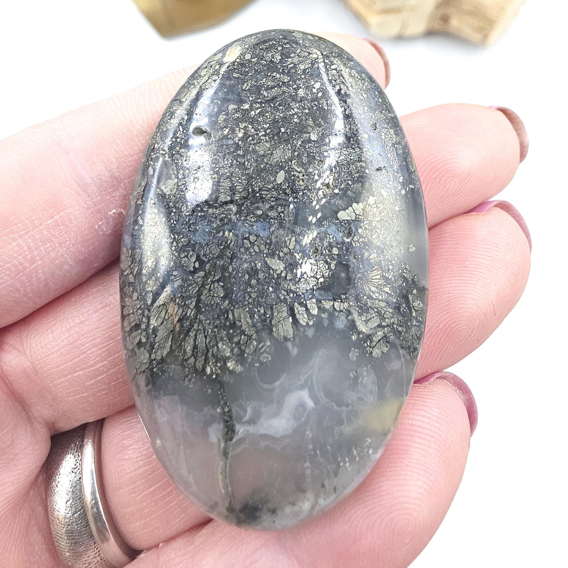 Pyrite & Agate Palm Stone – Protection, Confidence and Abundance Crystal, 40g