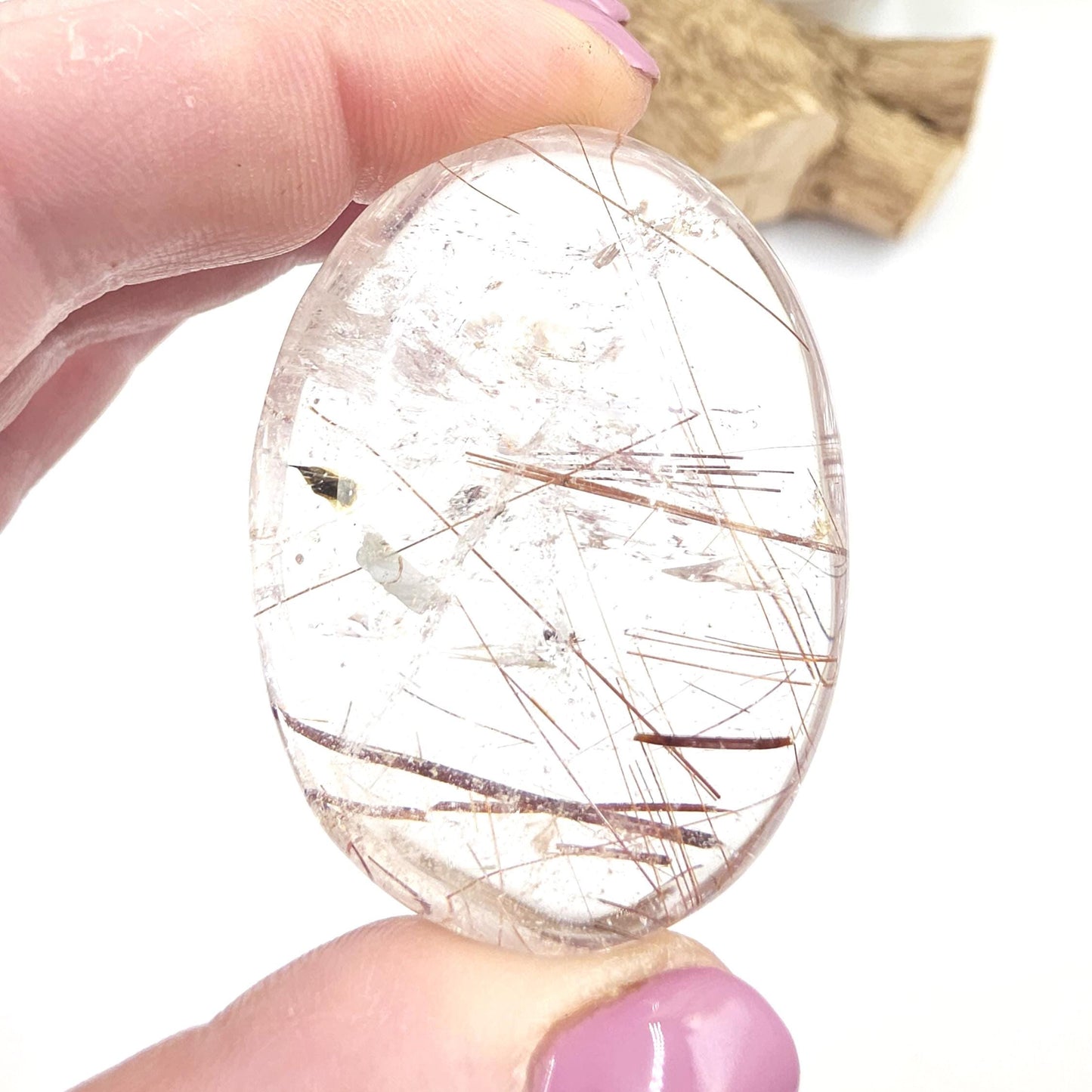 High Grade Clear Quartz Palm Stone with Red Rutile – Clarity, Confidence & Energy Amplification Crystal, 70g