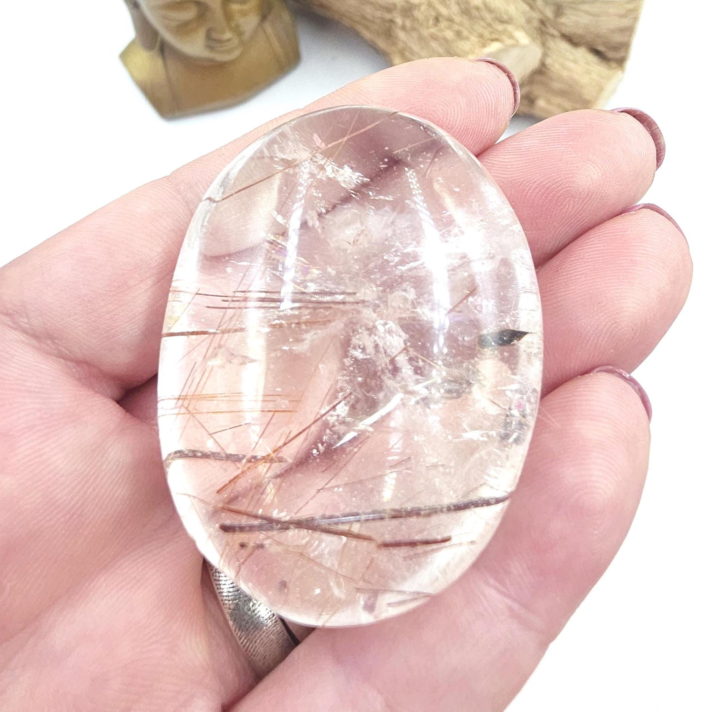 High Grade Clear Quartz Palm Stone with Red Rutile – Clarity, Confidence & Energy Amplification Crystal, 70g