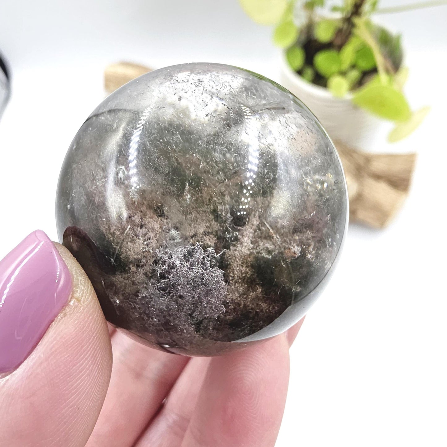High Grade Garden Quartz (Lodolite) Sphere with rainbow– Manifestation and Earth Wisdom Crystal, 44mm