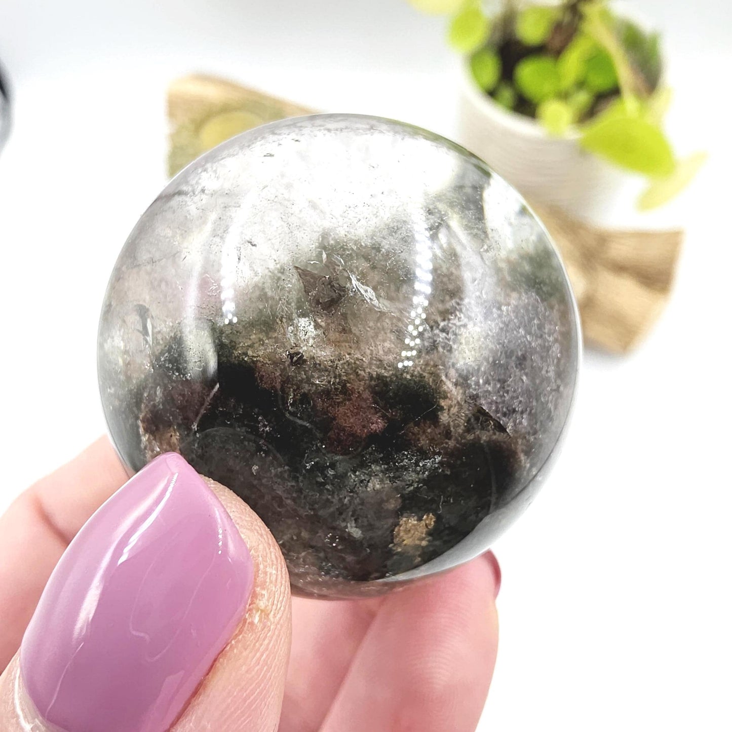 High Grade Garden Quartz (Lodolite) Sphere with rainbow– Manifestation and Earth Wisdom Crystal, 44mm