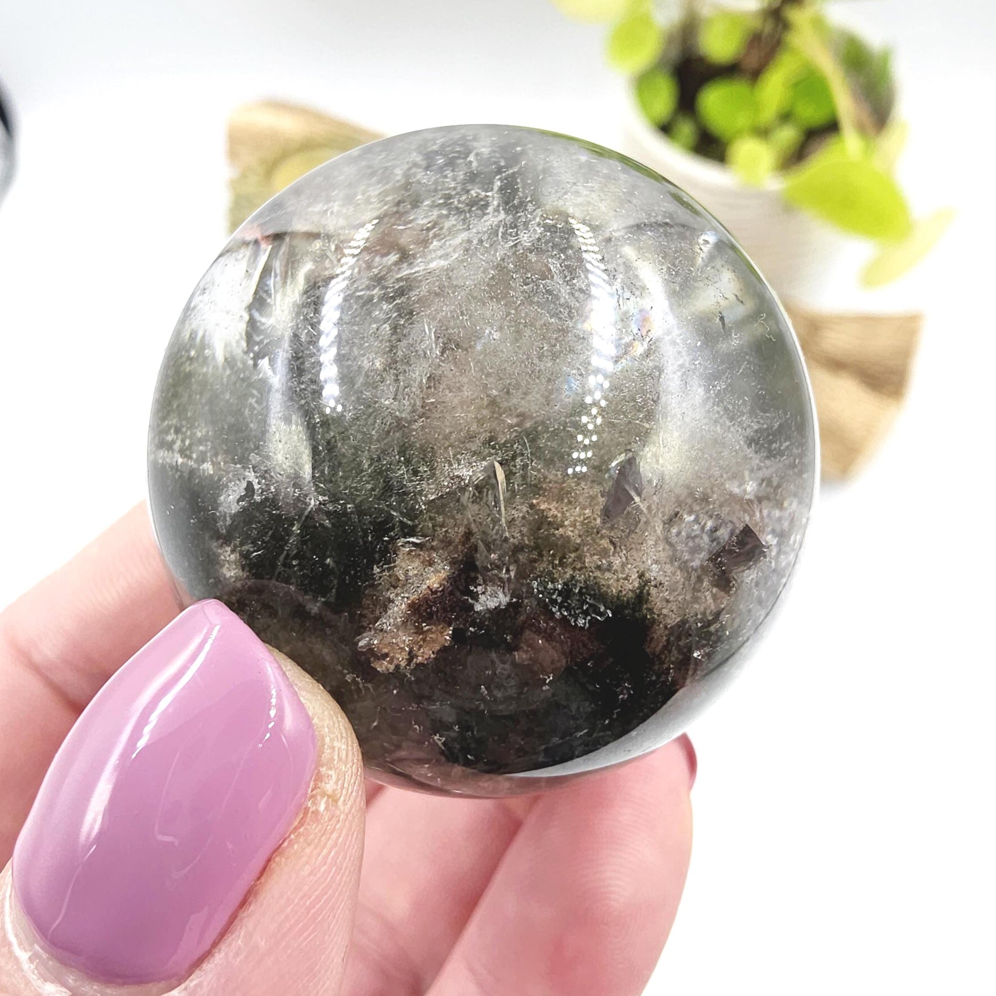 High Grade Garden Quartz (Lodolite) Sphere with rainbow– Manifestation and Earth Wisdom Crystal, 44mm
