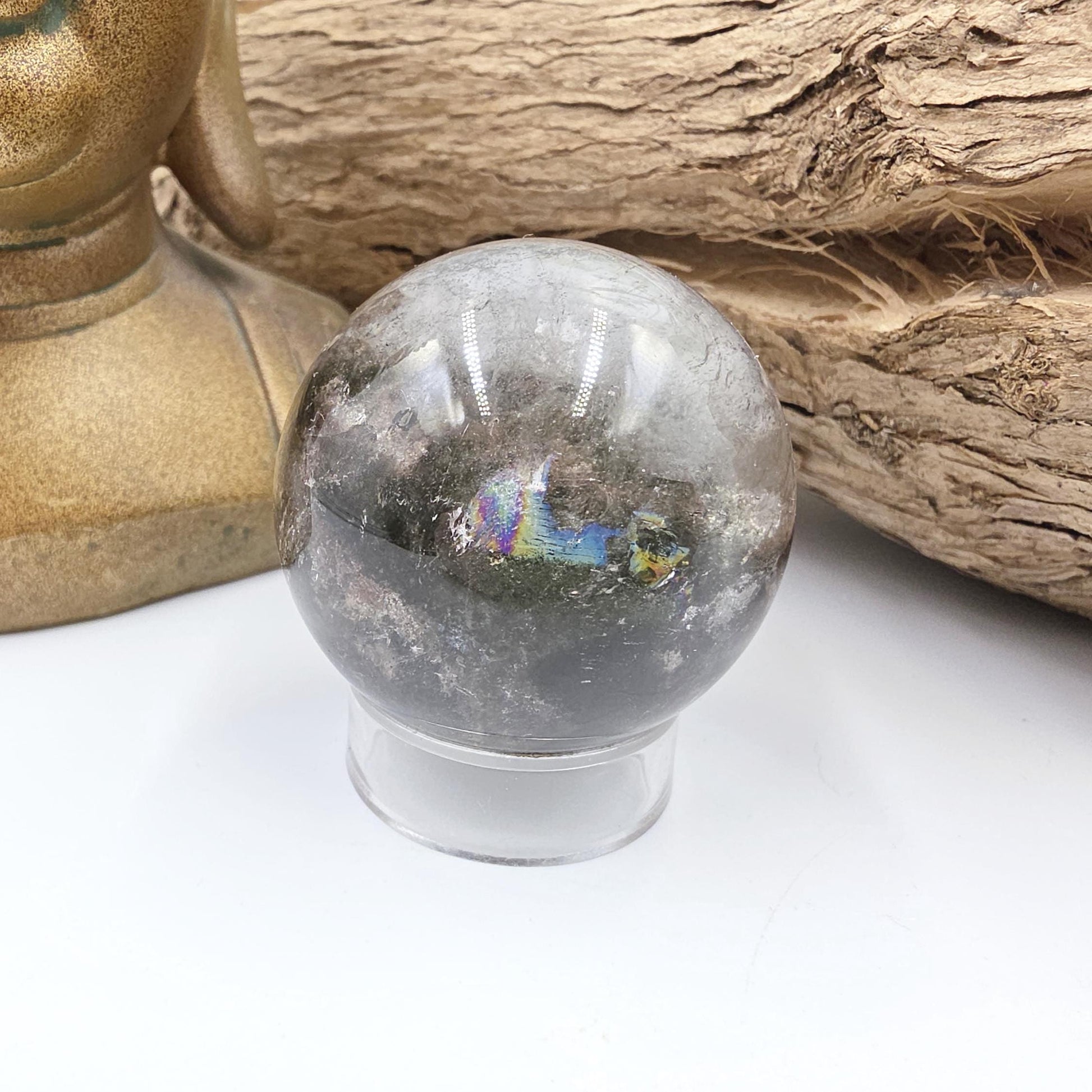 High Grade Garden Quartz (Lodolite) Sphere with rainbow– Manifestation and Earth Wisdom Crystal, 44mm