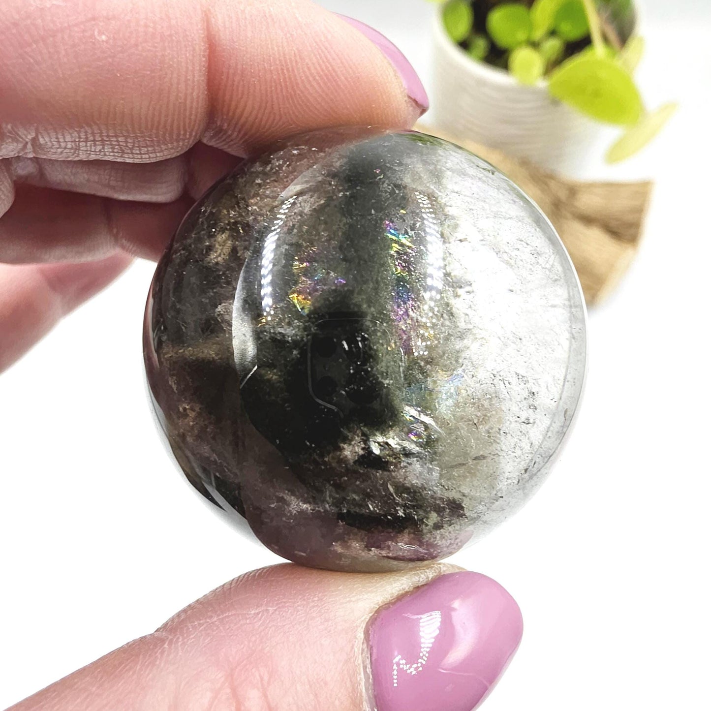 High Grade Garden Quartz (Lodolite) Sphere with rainbow– Manifestation and Earth Wisdom Crystal, 44mm