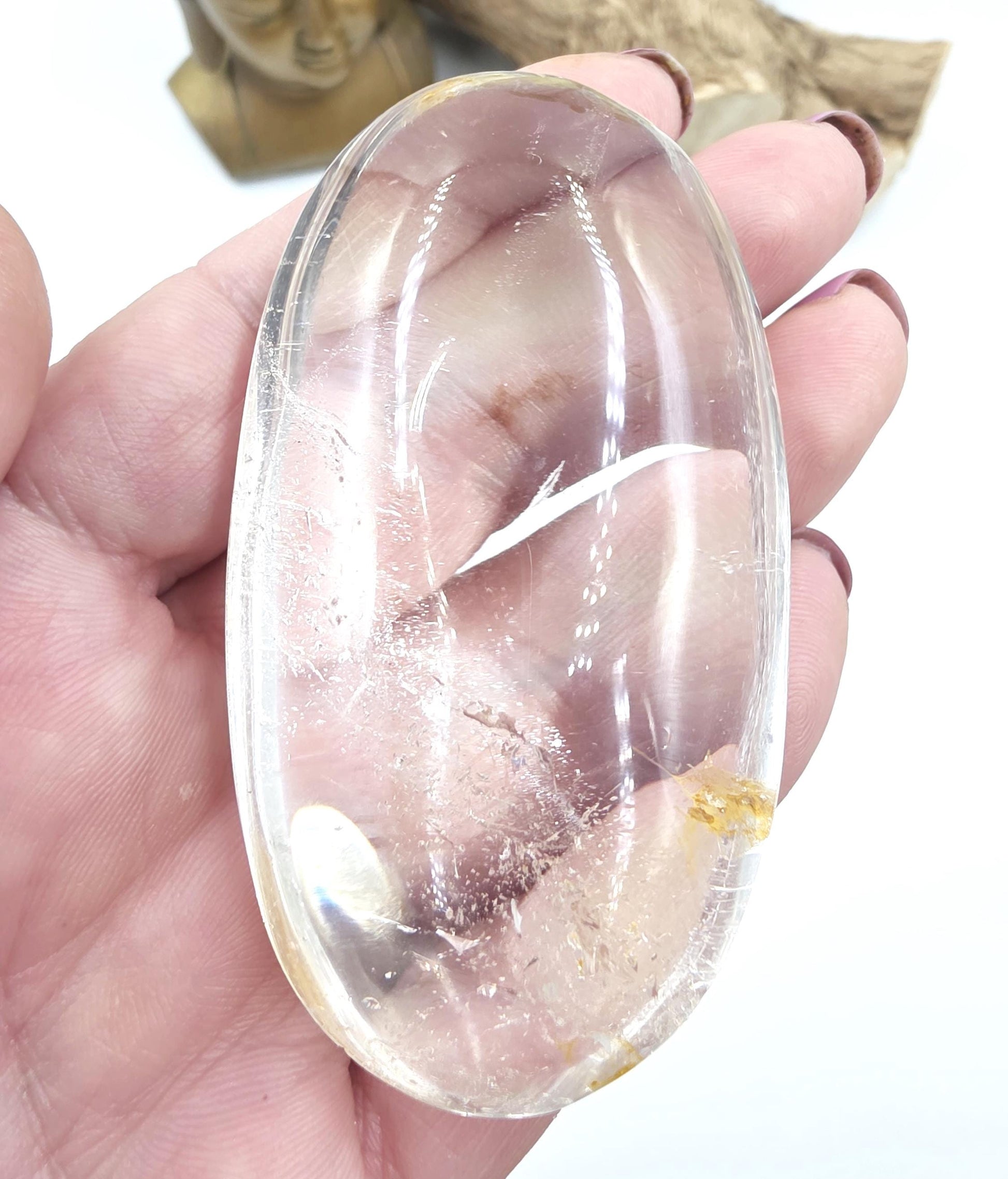 High Grade Clear Quartz Palm Stone with Golden Healer Inclusions – Clarity & Healing Crystal, 105g