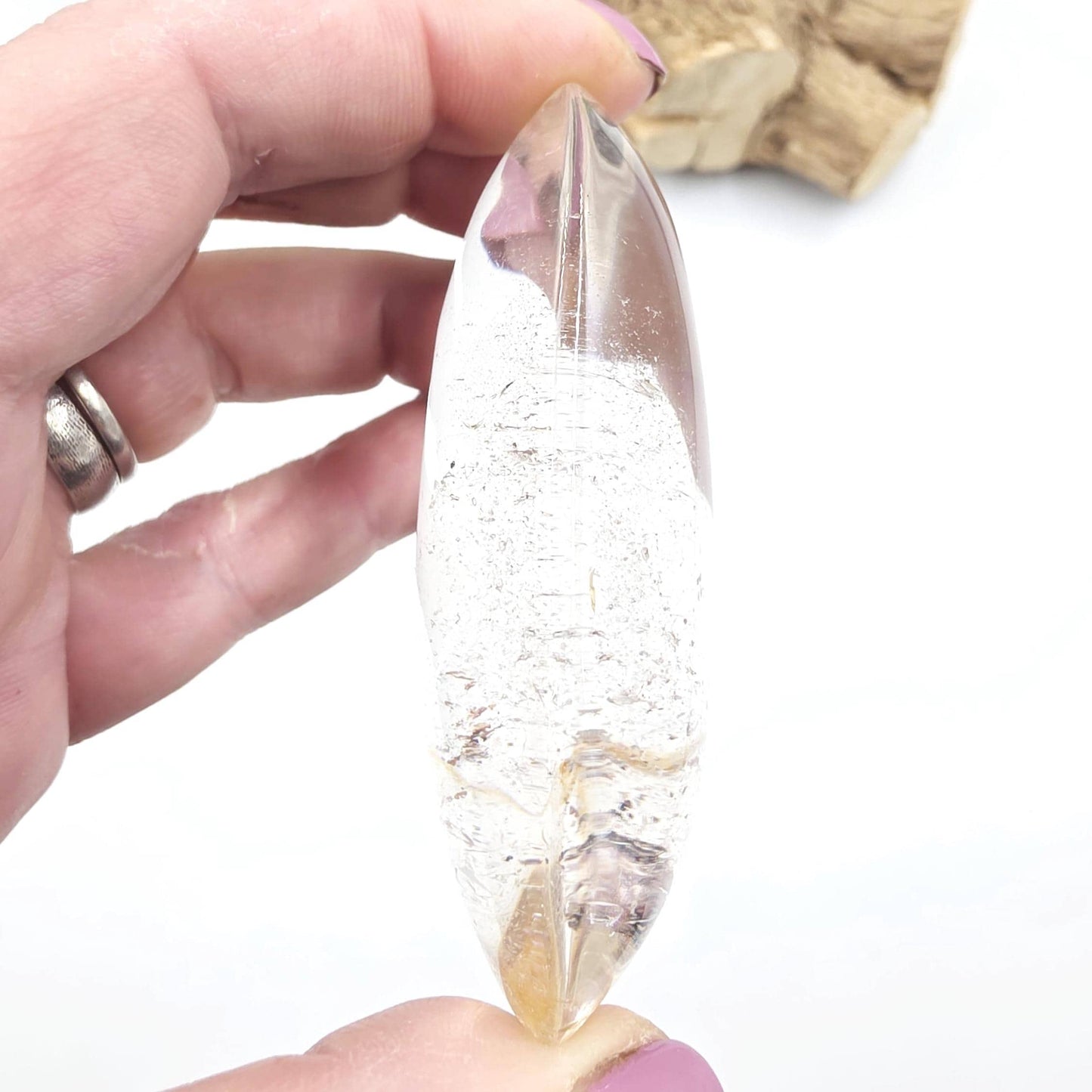 High Grade Clear Quartz Palm Stone with Golden Healer Inclusions – Clarity & Healing Crystal, 105g