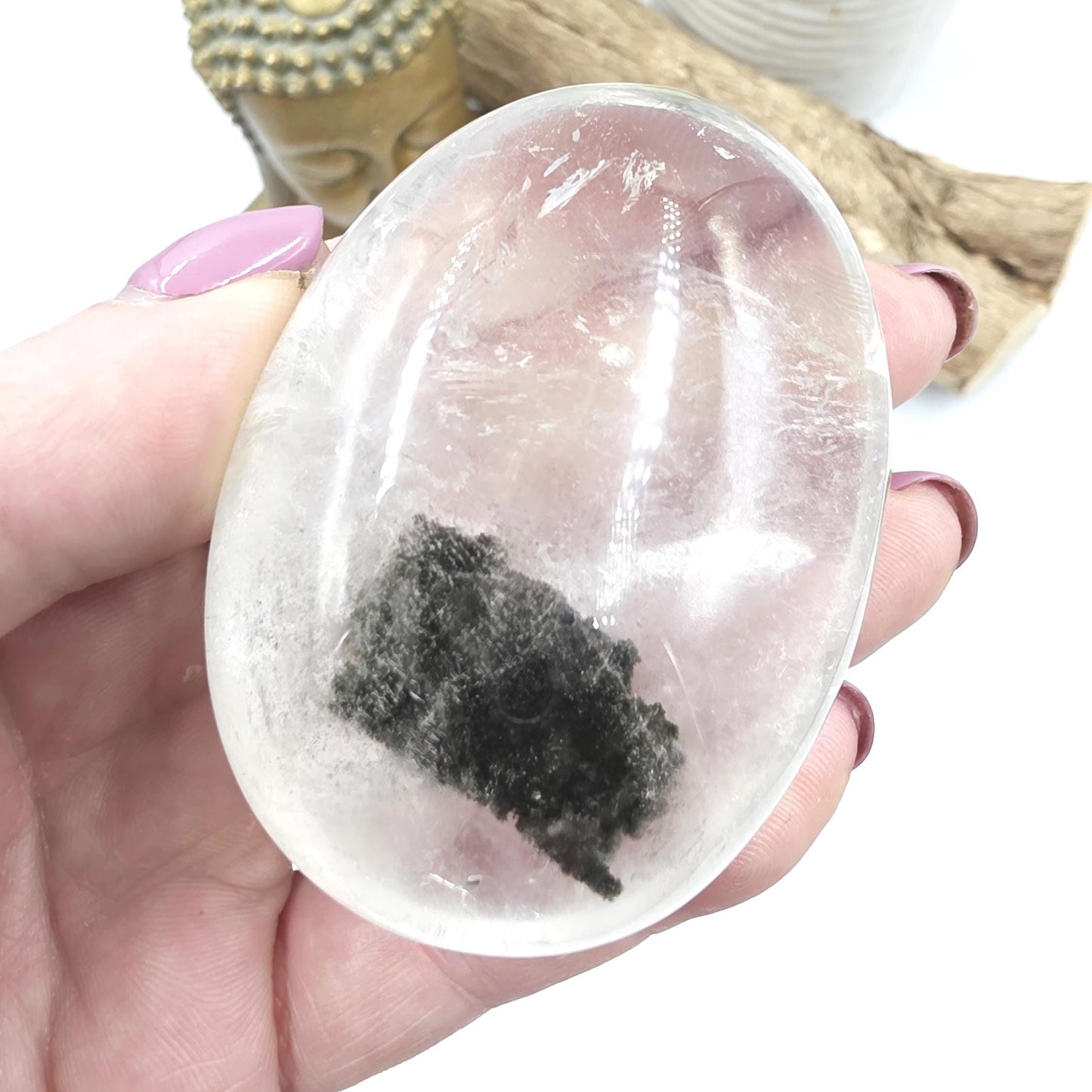 Large Green Garden Quartz (Lodolite) Palm Stone – Manifestation, Clarity & Inner Journey Healing Crystal, 155g