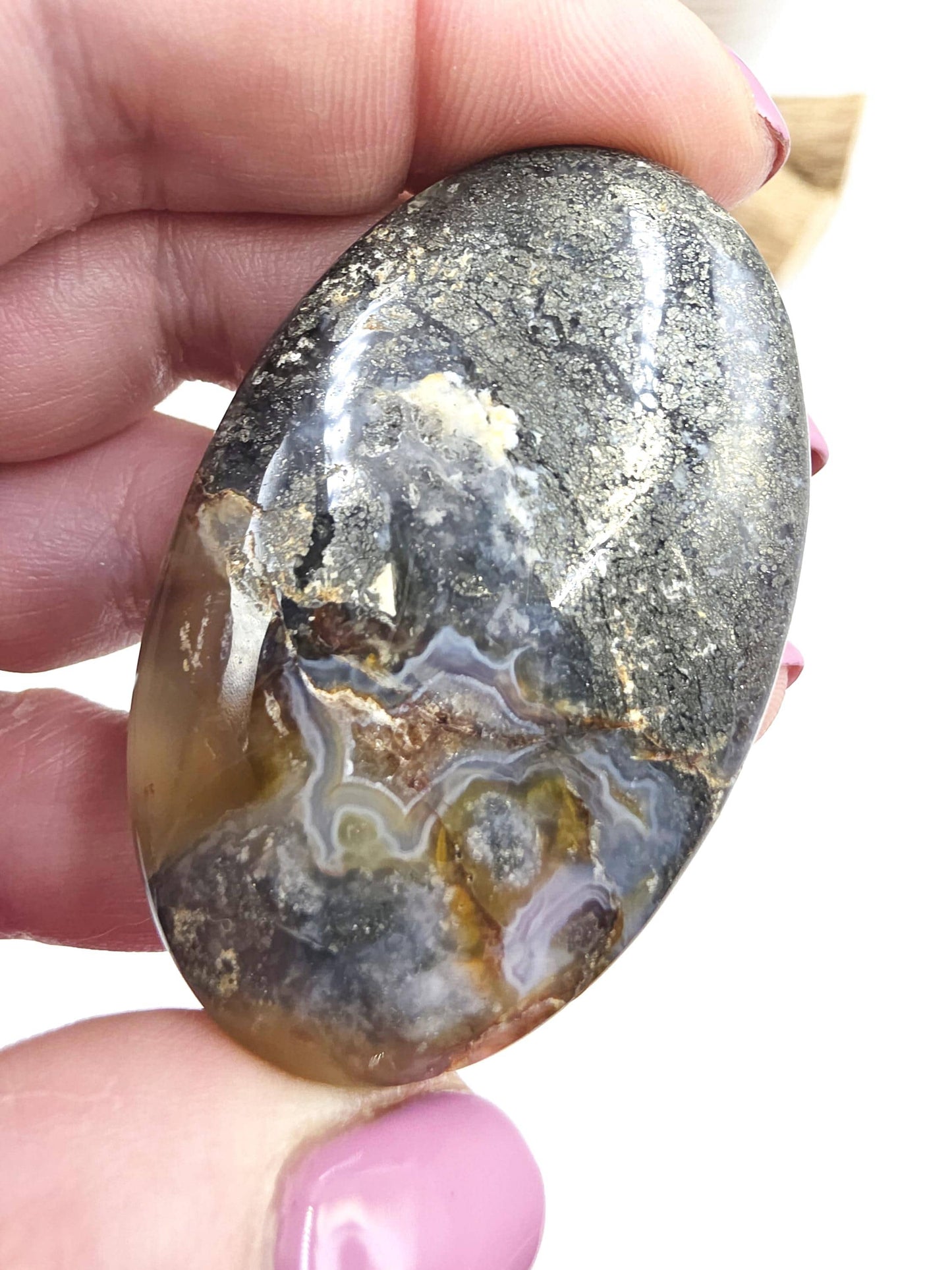 Pyrite & Agate Palm Stone – Protection, Confidence and Abundance Crystal, 45g