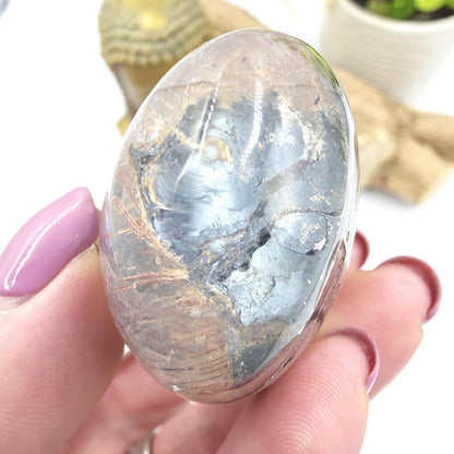 Rare Rutile & Mica Clear Quartz Palm Stone – Clarity, Healing and Energy Amplification Crystal, 140g