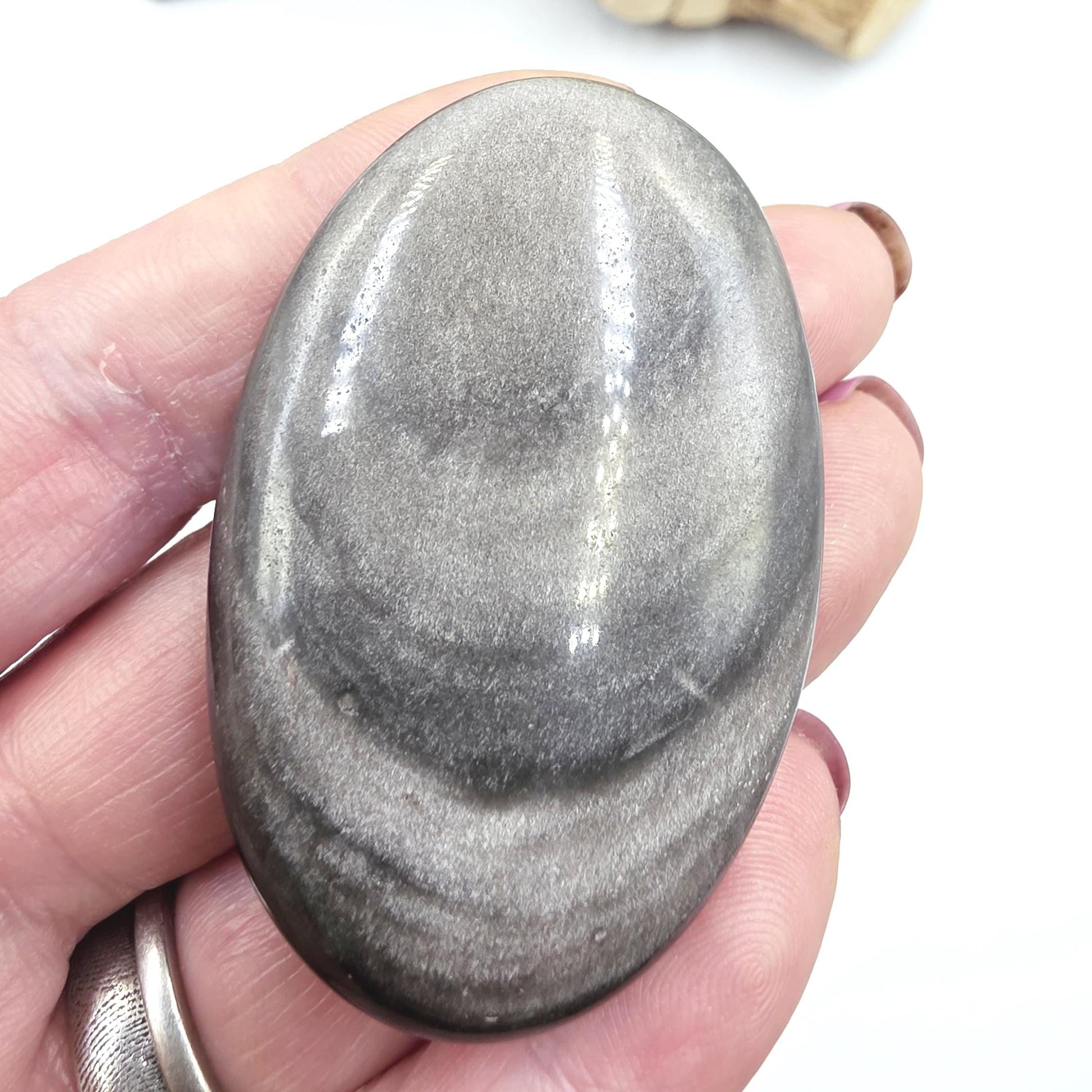 Silver Sheen Obsidian Palm Stone – Protection, Insight & Root Chakra Energy Crystal, 40g