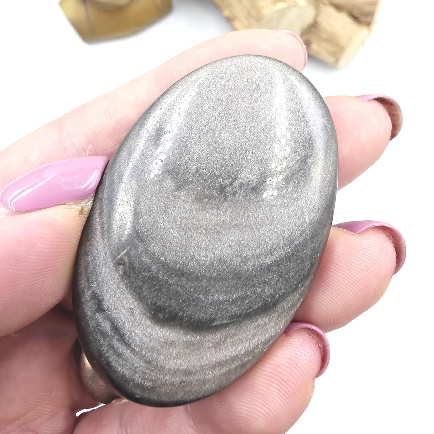 Silver Sheen Obsidian Palm Stone – Protection, Insight & Root Chakra Energy Crystal, 40g
