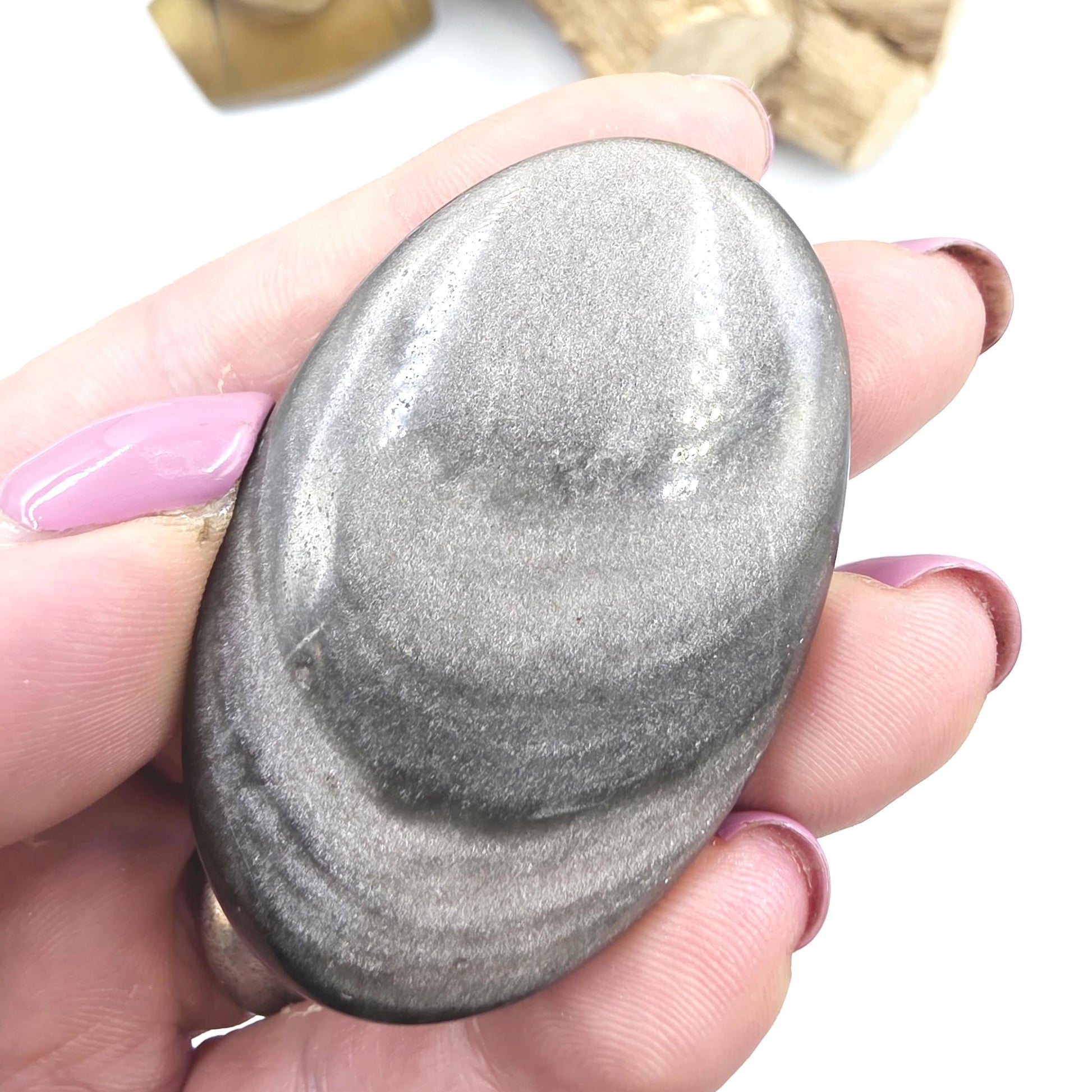 Silver Sheen Obsidian Palm Stone – Protection, Insight & Root Chakra Energy Crystal, 40g