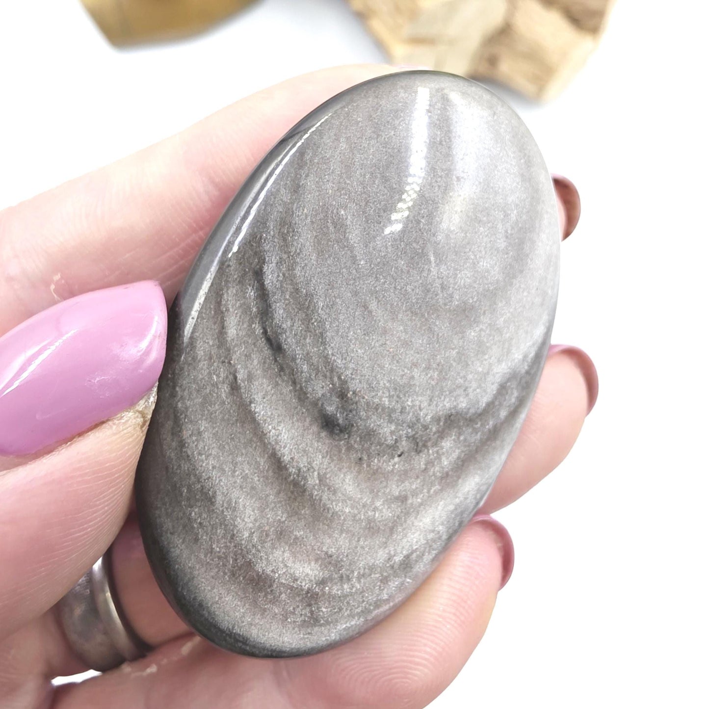 Silver Sheen Obsidian Palm Stone – Protection, Insight & Root Chakra Energy Crystal, 40g