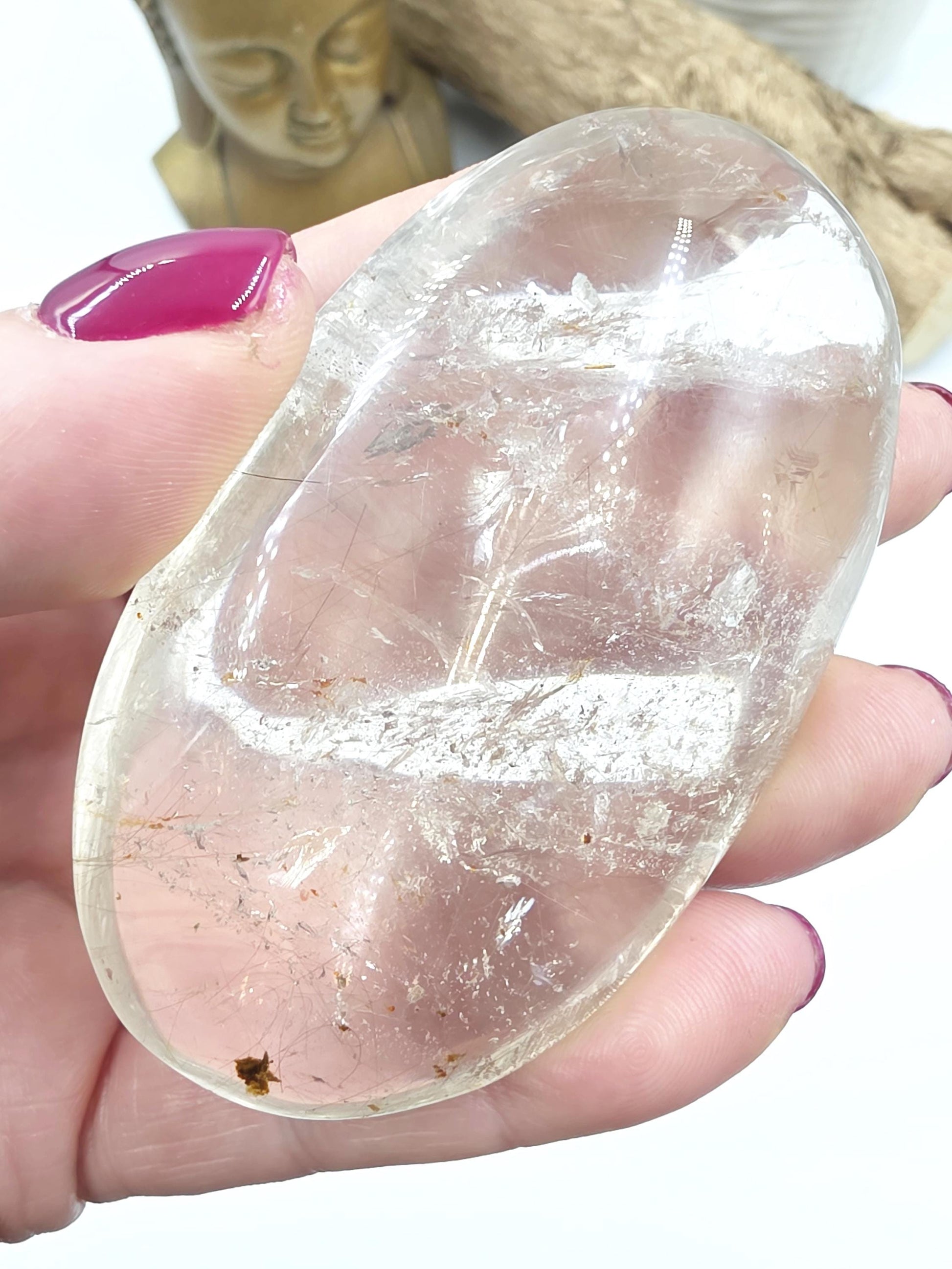 Clear Quartz Palm Stone with Microscopic Rutile Threads – Clarity & Energy Amplification Crystal, 115g