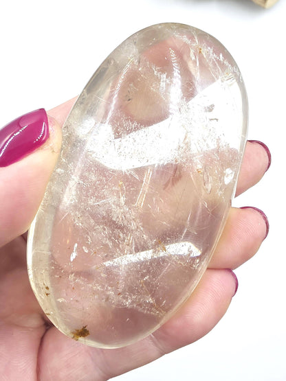 Clear Quartz Palm Stone with Microscopic Rutile Threads – Clarity & Energy Amplification Crystal, 115g
