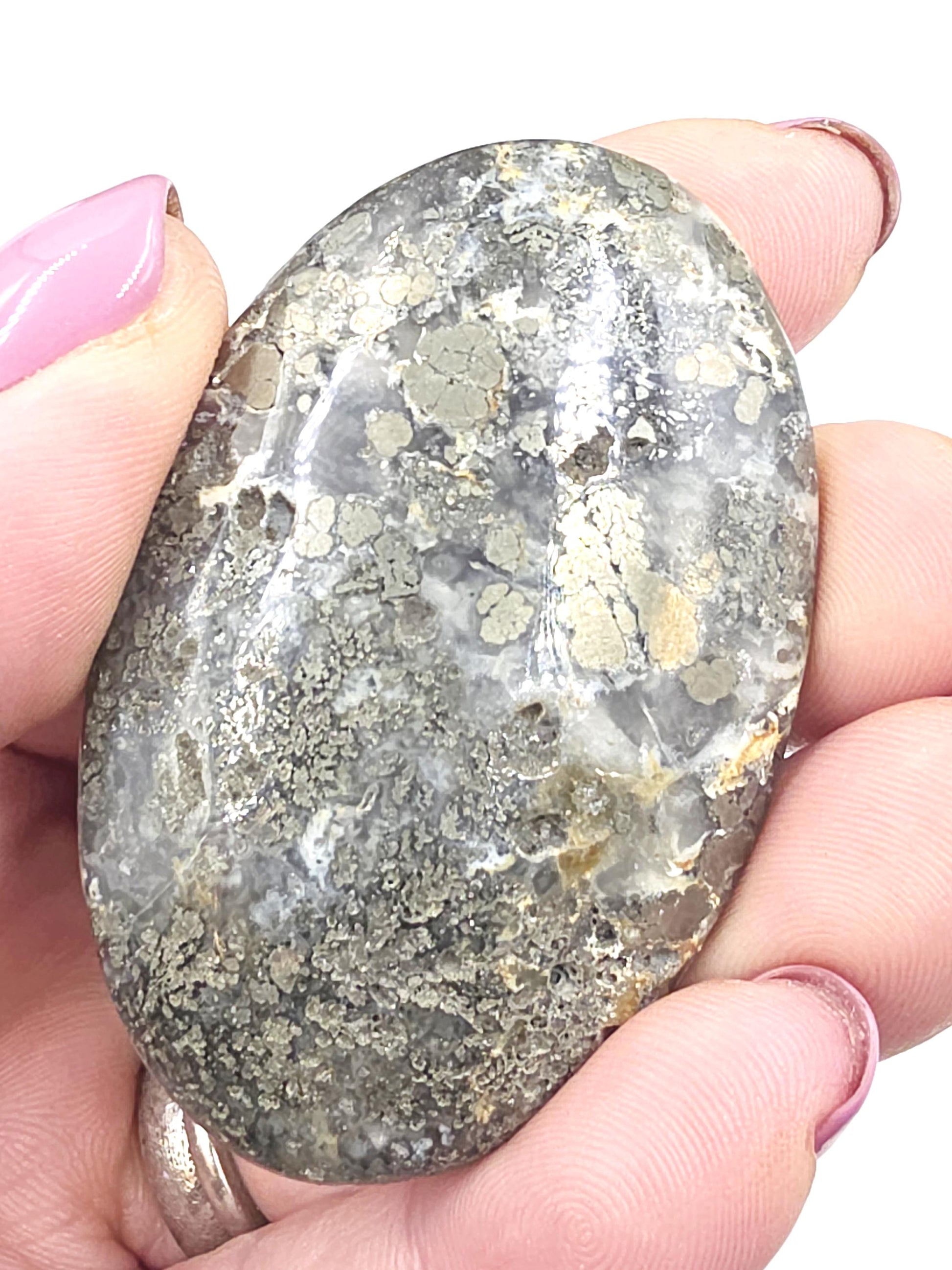 Pyrite & Agate Palm Stone – Protection, Confidence and Abundance Crystal, 55g